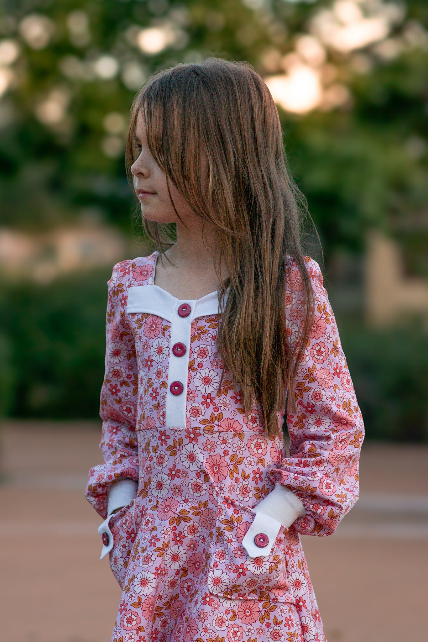 Little lady wearing vintage long sleeve dress pdf pattern