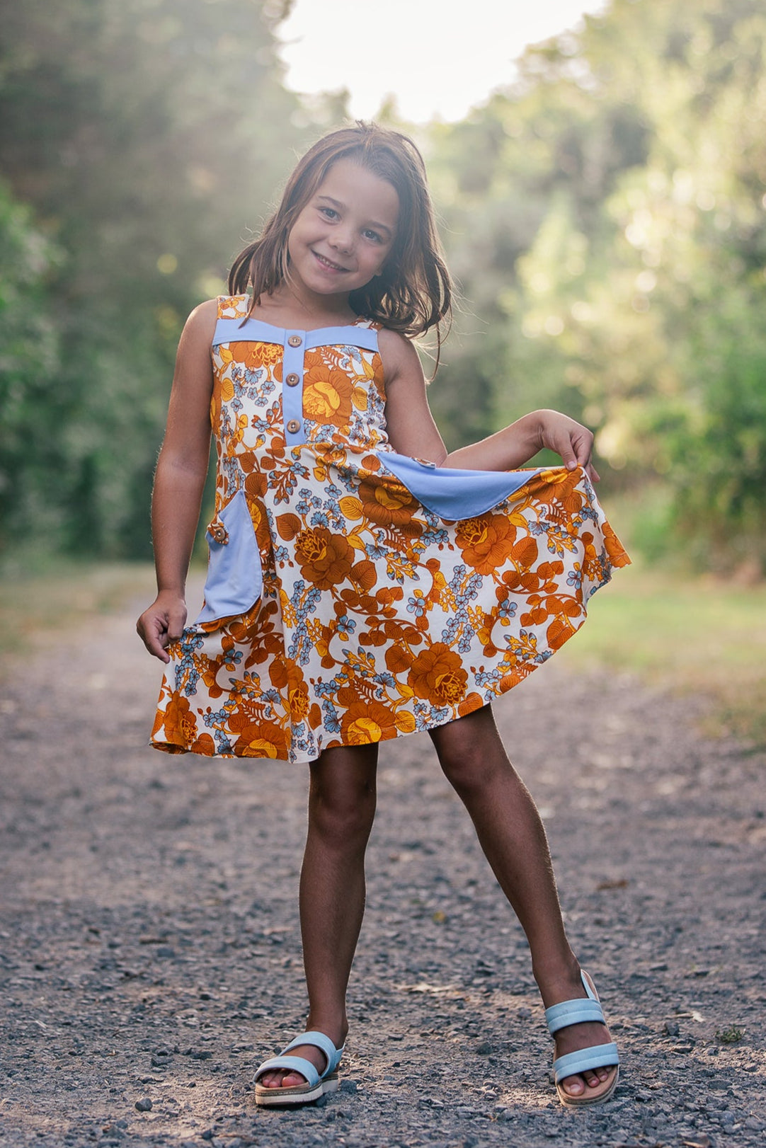Young girl in a vintage floral dress projector pdf pattern.
