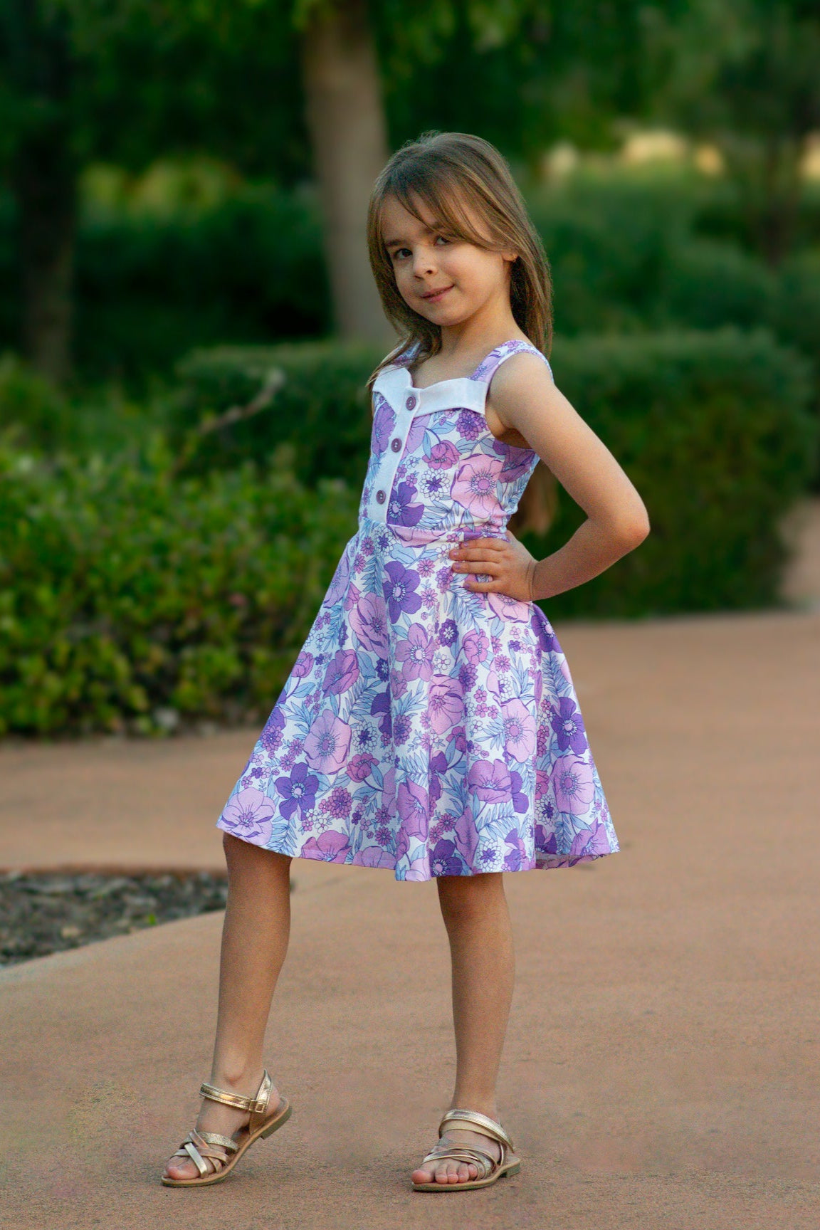 Young girl in a floral dress, retro pdf pattern with projector file
